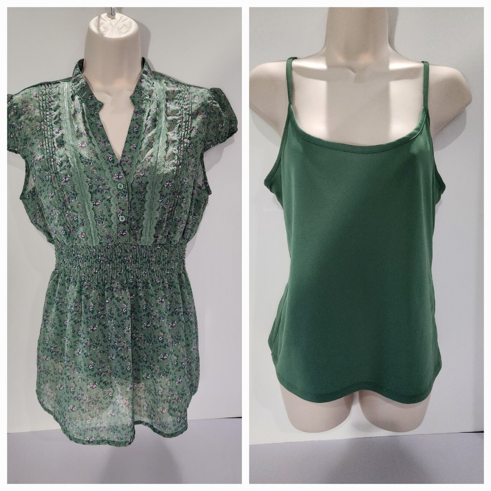 Candies Blouse Junior Girl Size Large Sheer Green Floral Over Green Camisole